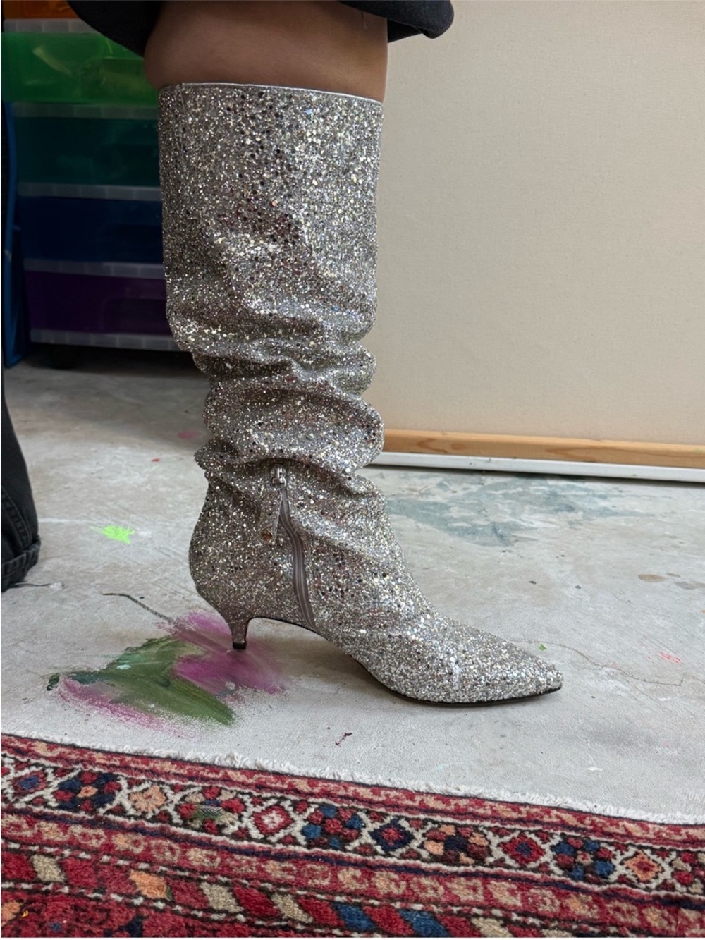 Kate Spade Olina Silver Glitter Tall Boots Kitten Heels In Box 8.5 - Picture 7 of 9